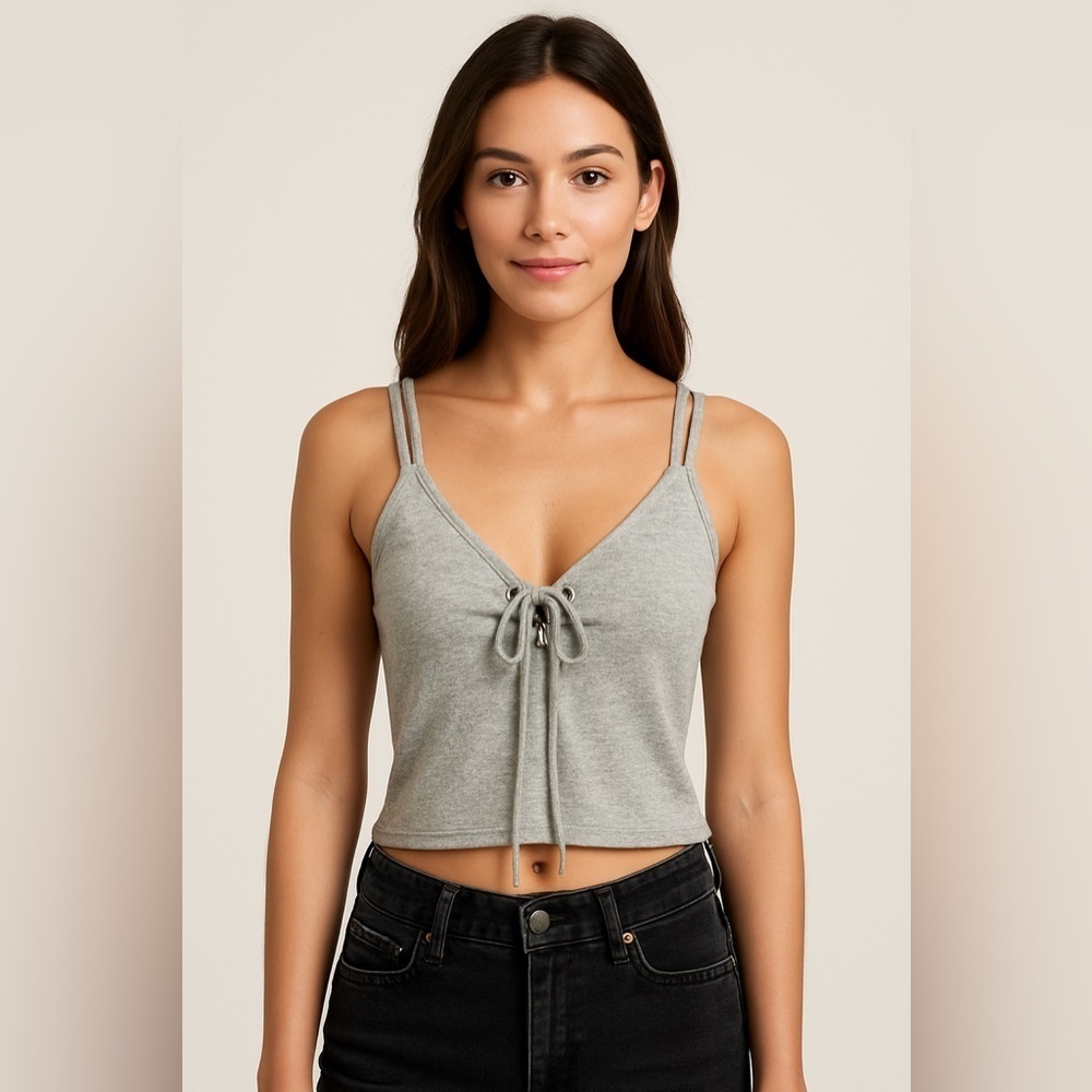 ESSUE Grey Terry Knit Lace Up Crop Top Women’s Small | Boho Beachy Y2K Peasent
